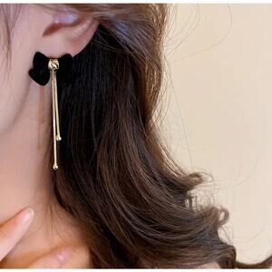 Black Flocked Bowknot Tassel Design Elegant Dangle Earrings, Perfect Casual Gift